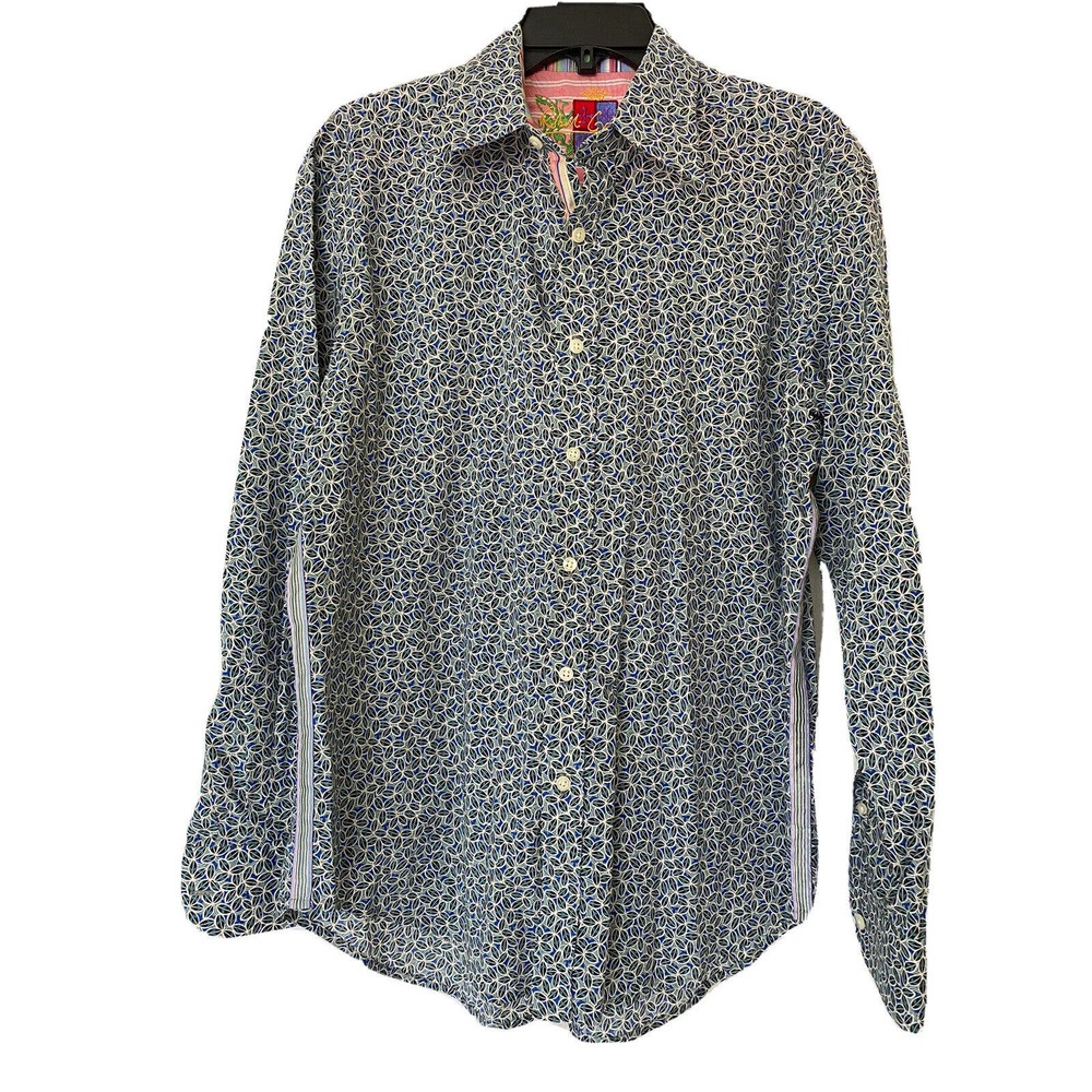 Robert Graham Shirt Button Down Long Sleeve Green Leaf Floral Blue Cotto…